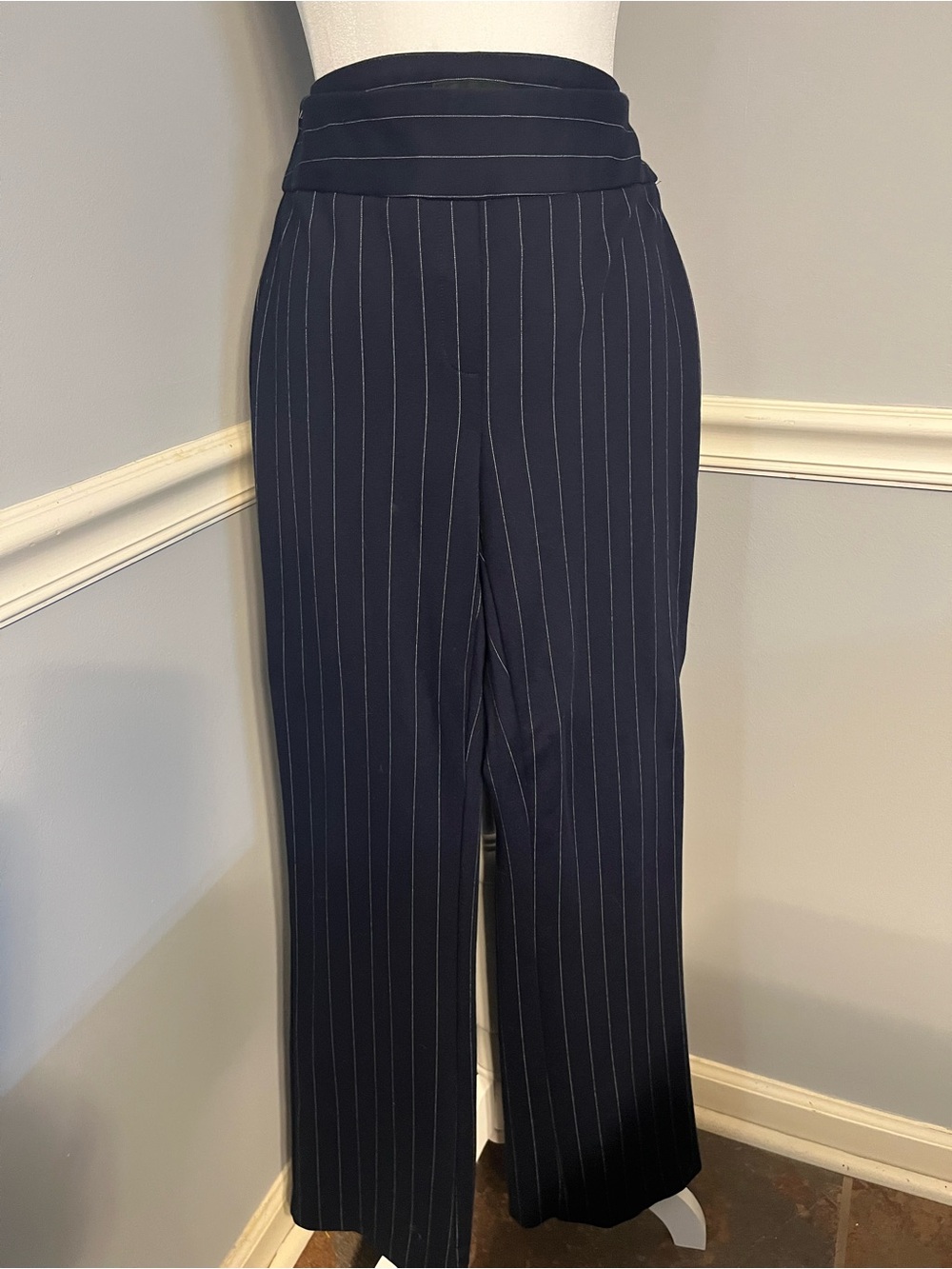 High-Waist Navy Pinstripe Wide-Leg Trousers